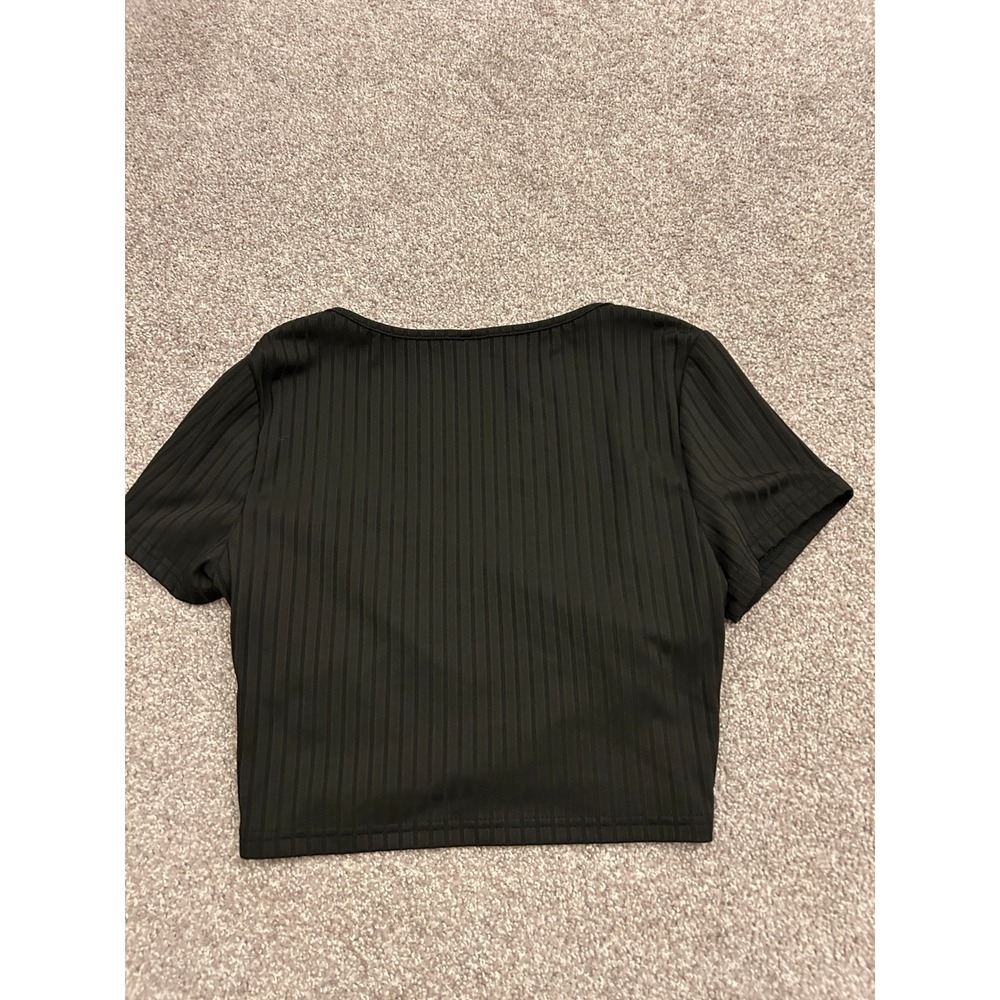 Y2K SHEIN Ribbed Crop Top Womens Large Black Excellent Surplice Wrap Hem V-Neck - Picture 10 of 10